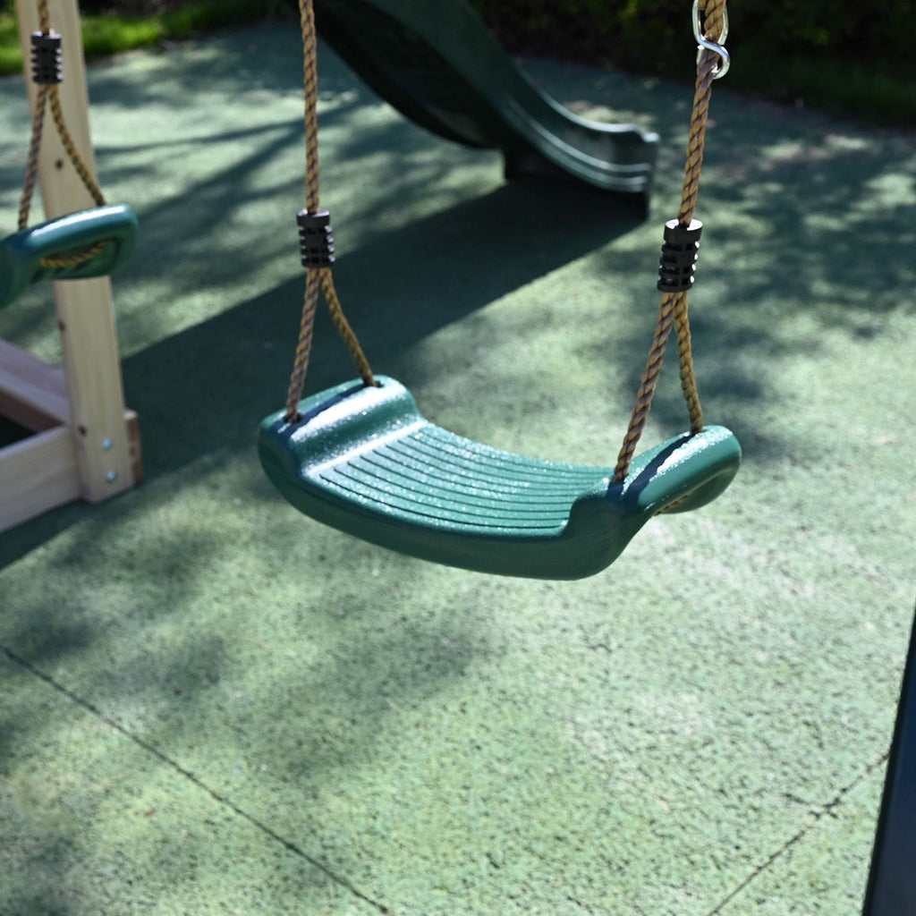 zoomed in swing from the galactica wooden swing and slide set.