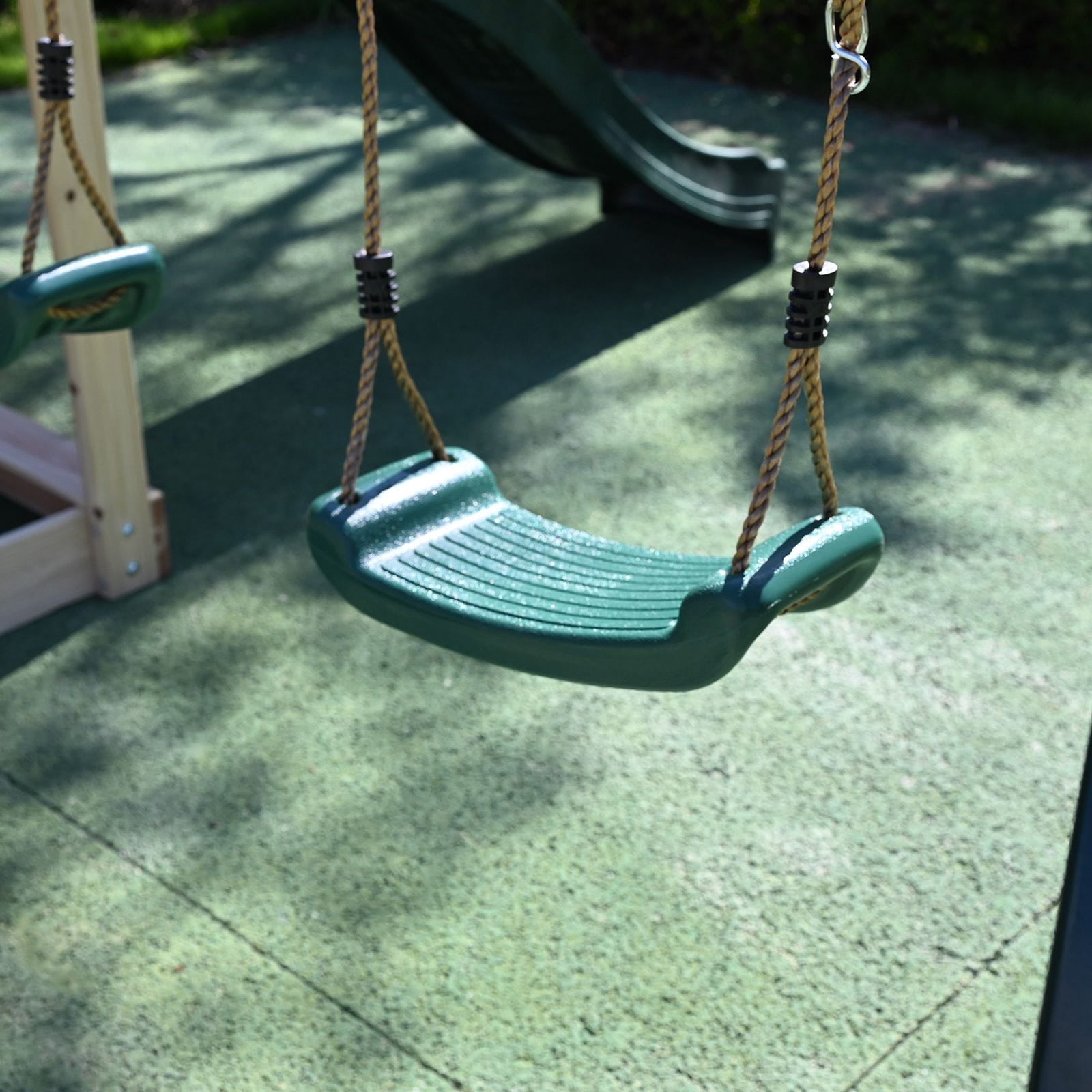 zoomed in swing from the galactica wooden swing and slide set.