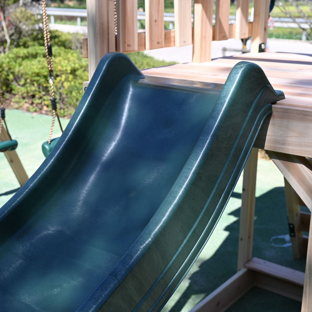 Zoomed in green slide from the galactia wooden swing and slide set.