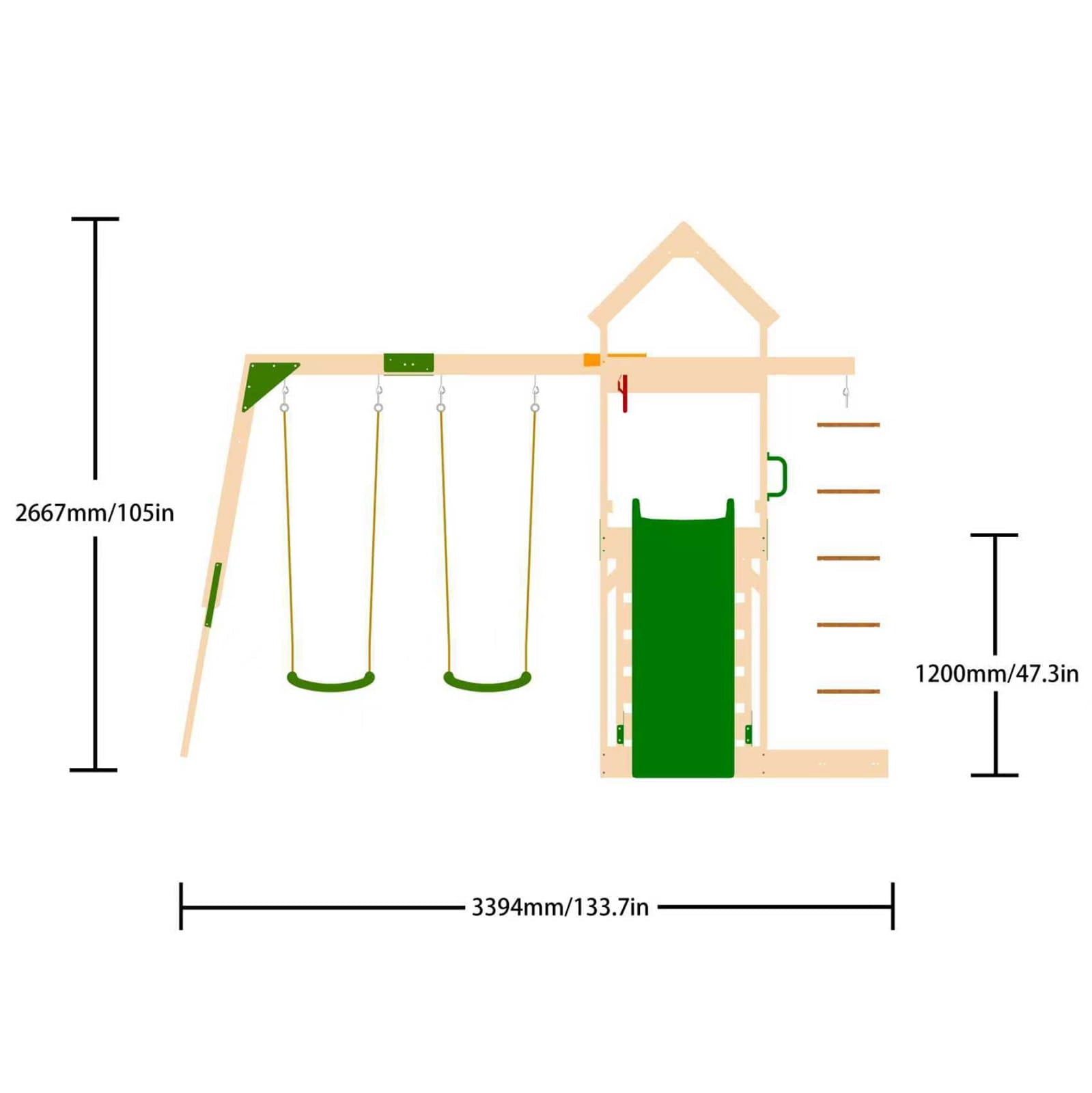 Image of outline of the galactica wooden swing and slide set with dimensions labelled.