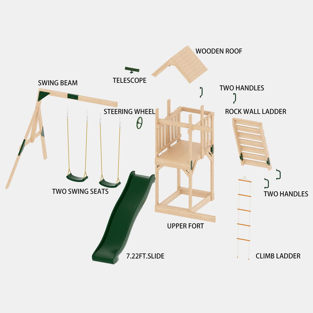features of the galactica wooden swing and slide set on a white background
