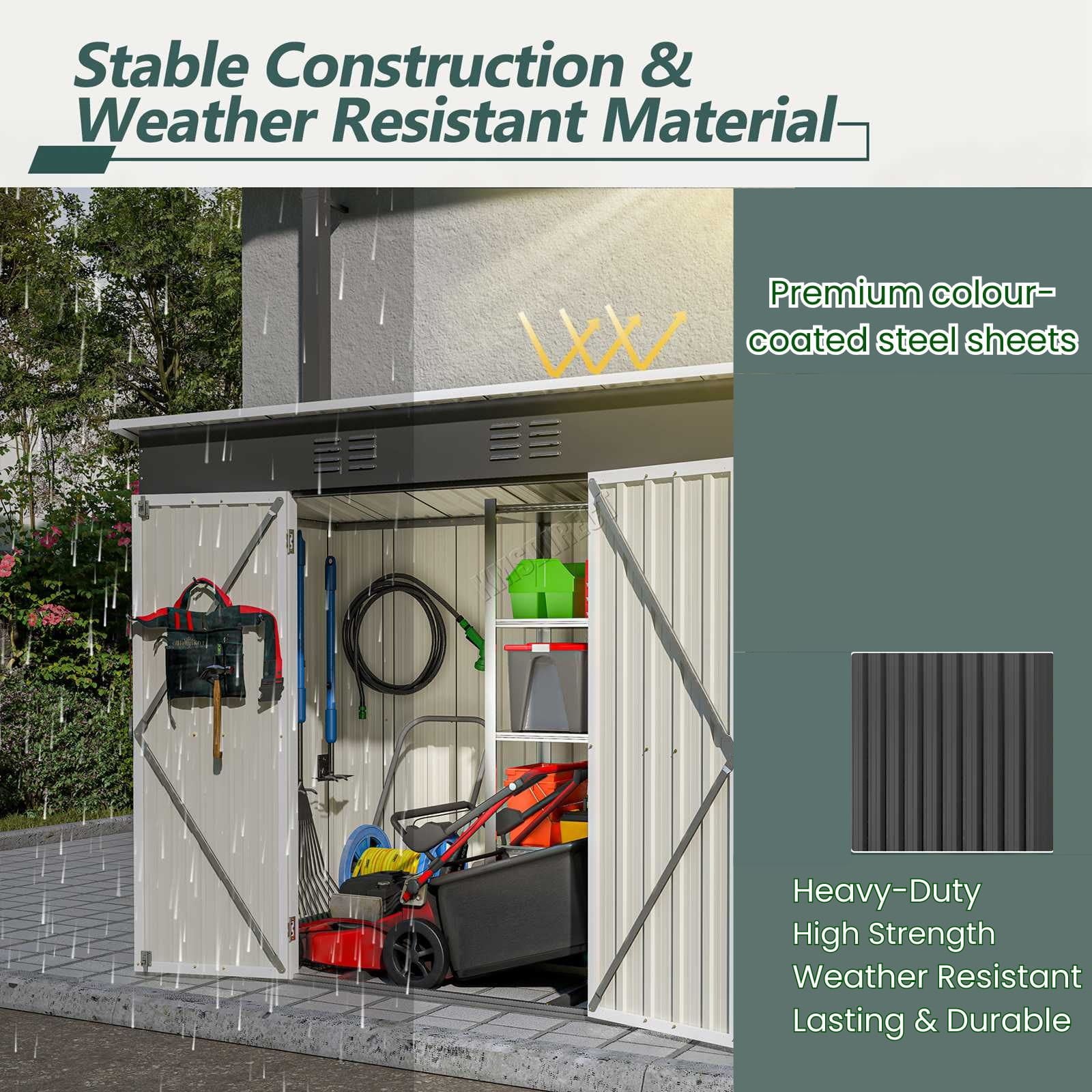 Garden storage pent roof shed with different weather scenarios showing premium colour steel sheets. 