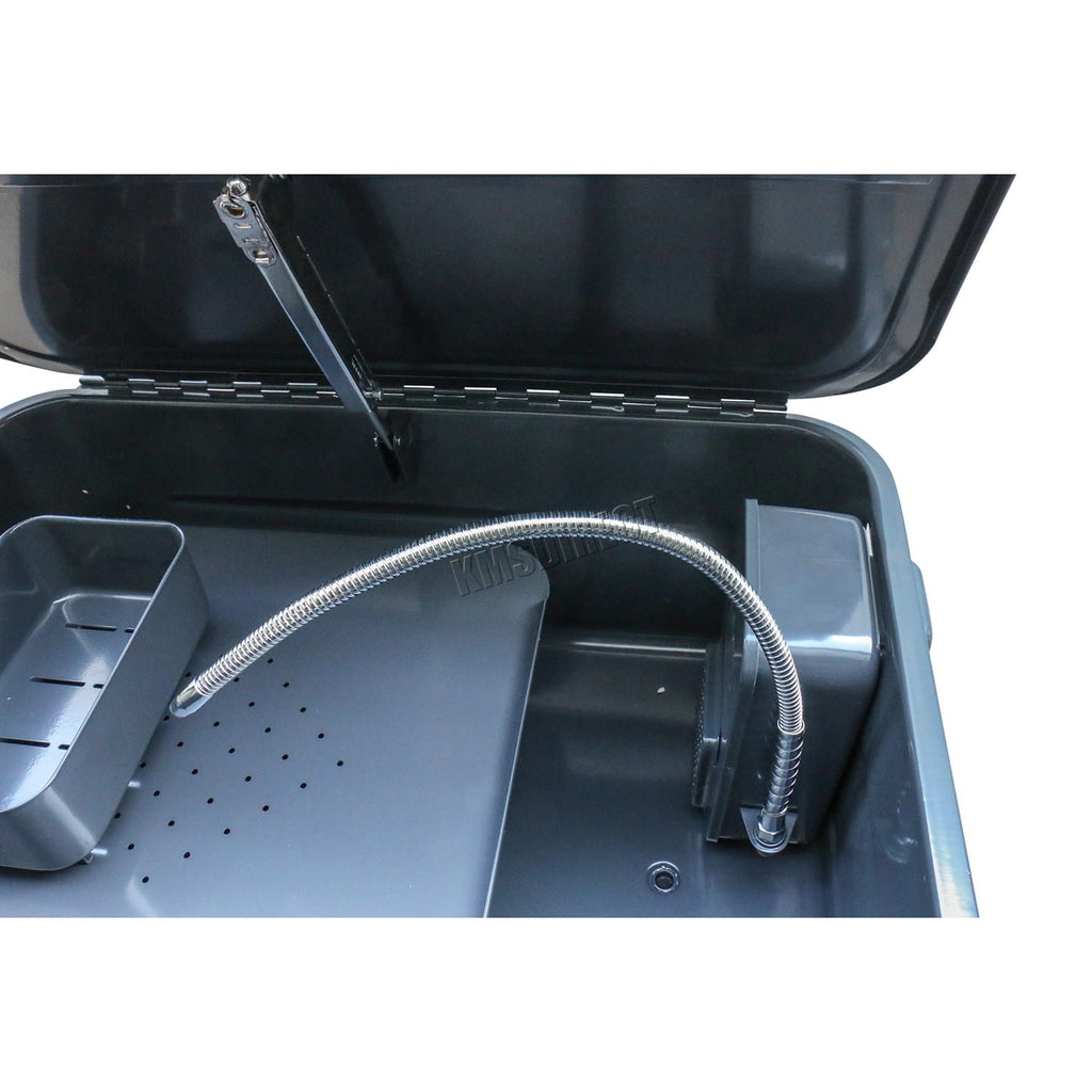 Grey parts washer tank with a flexible arm and tray on a white background