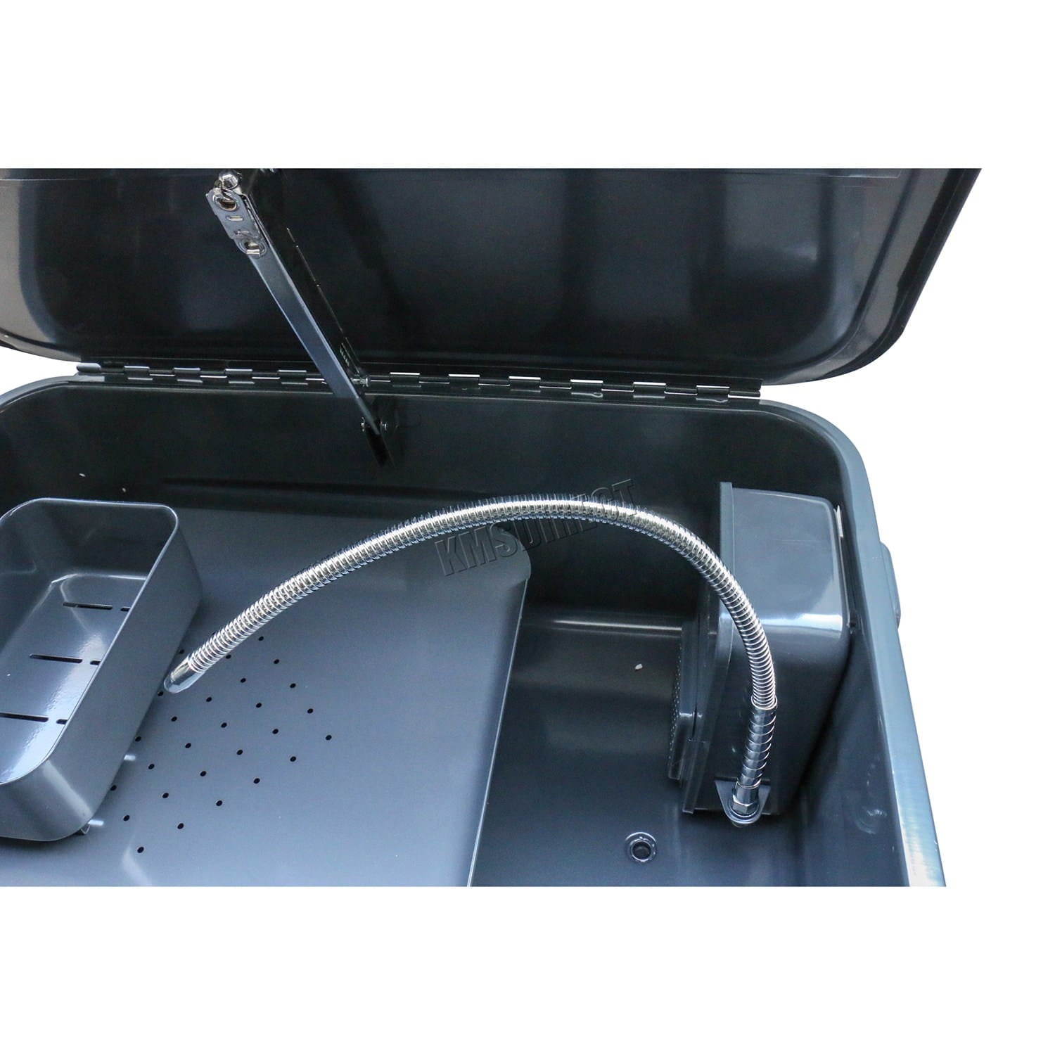 Grey parts washer tank with a flexible arm and tray on a white background