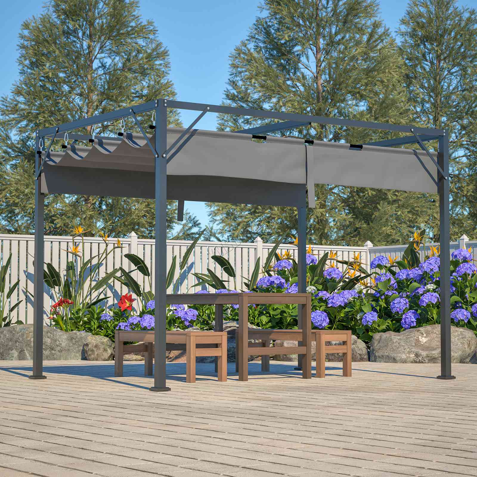 BIRCHTREE 3x2M Pergola Steel Frame with Retractable PE Canopy
