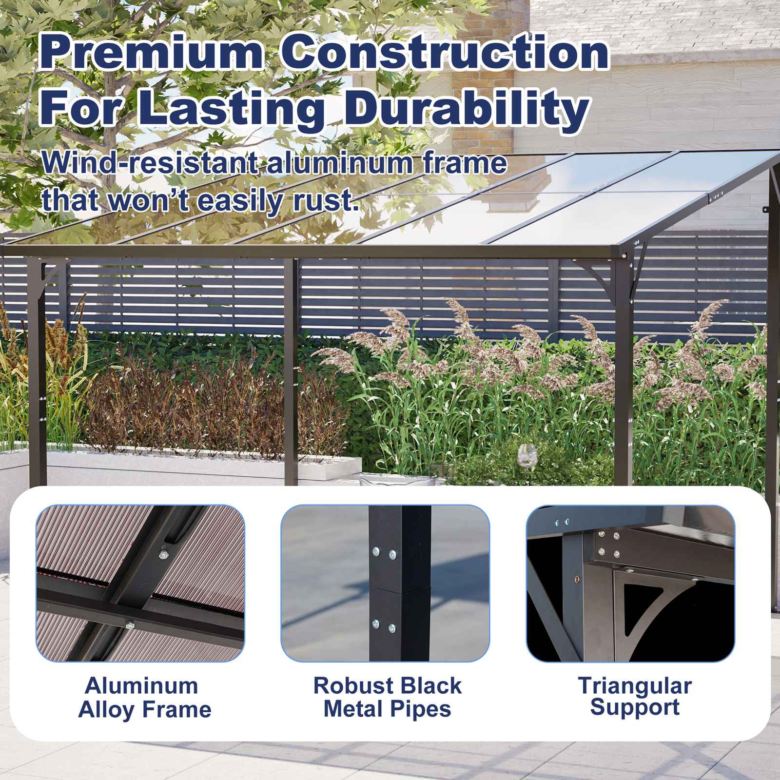 BIRCHTREE Lean To Wall Mounted Pergola with Roof