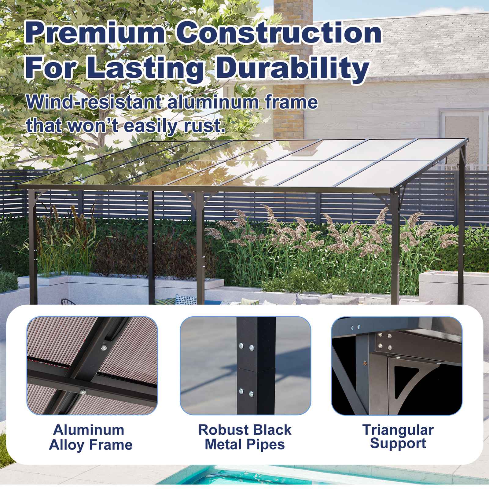 BIRCHTREE Lean To Wall Mounted Pergola with Roof