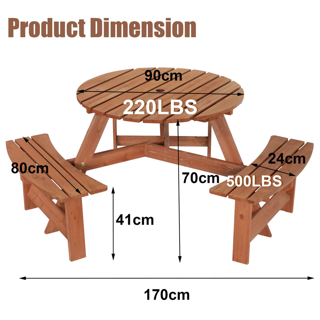 BIRCHTREE Picnic Round Table 6 Seats Brown