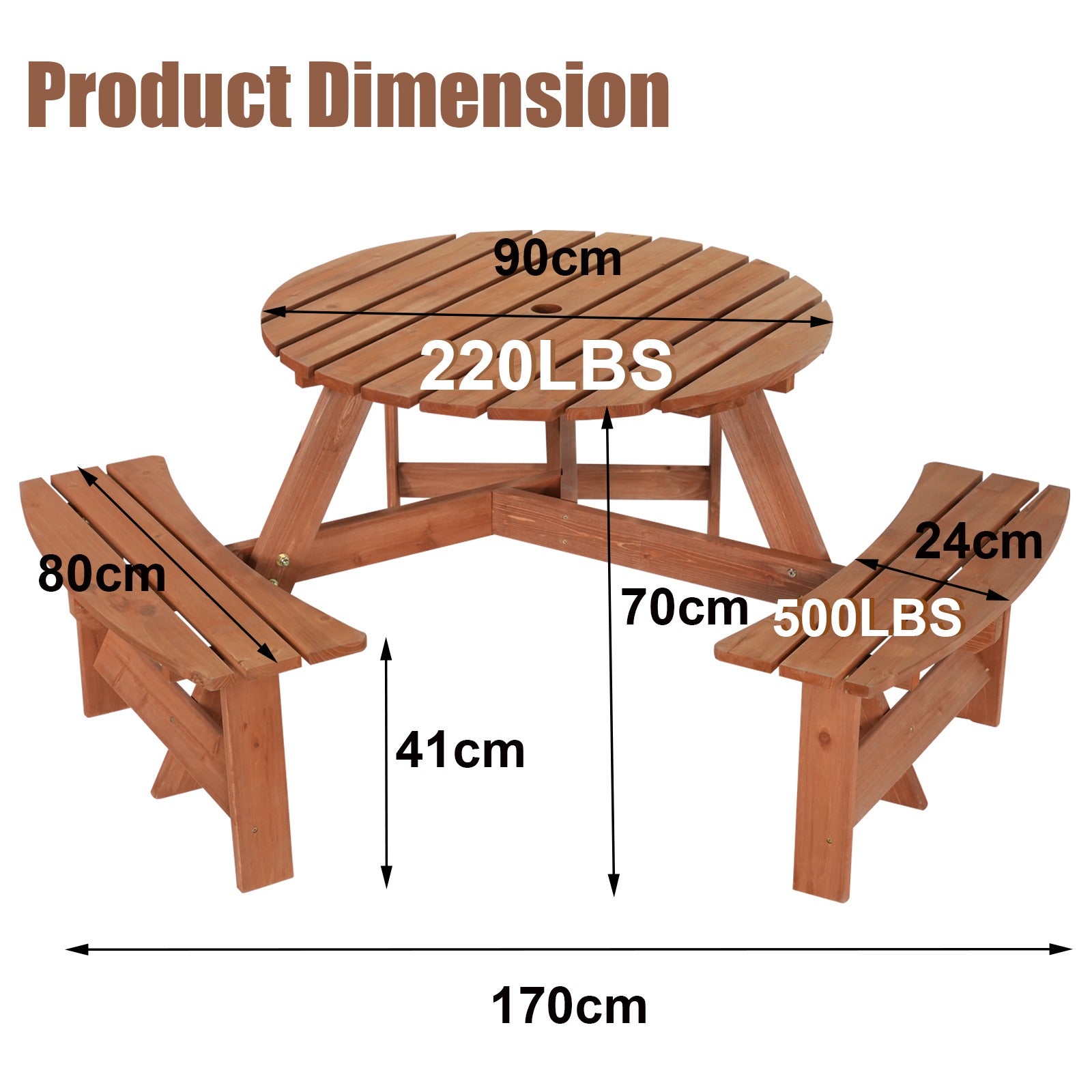 BIRCHTREE Picnic Round Table 6 Seats Brown