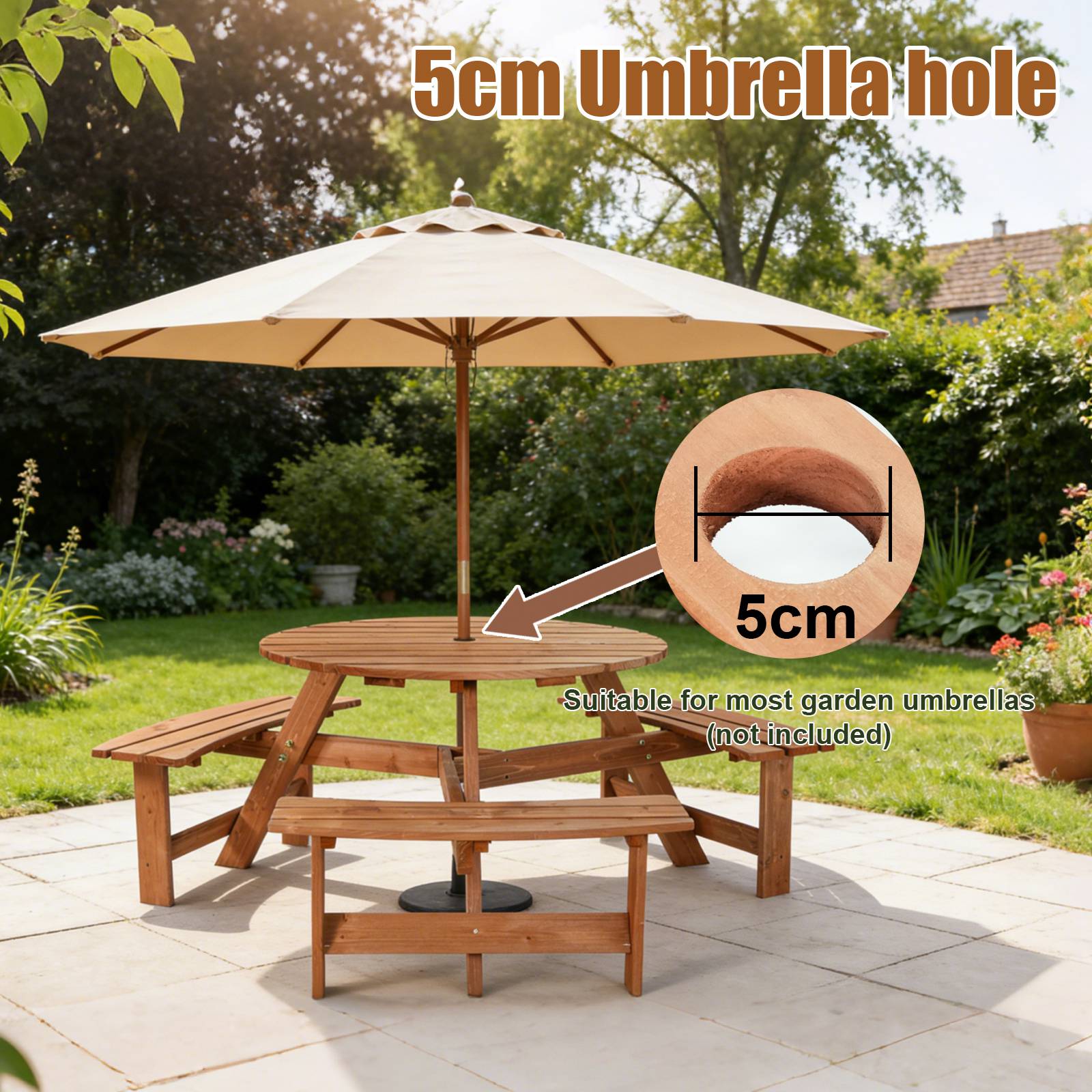BIRCHTREE Picnic Round Table 6 Seats Brown