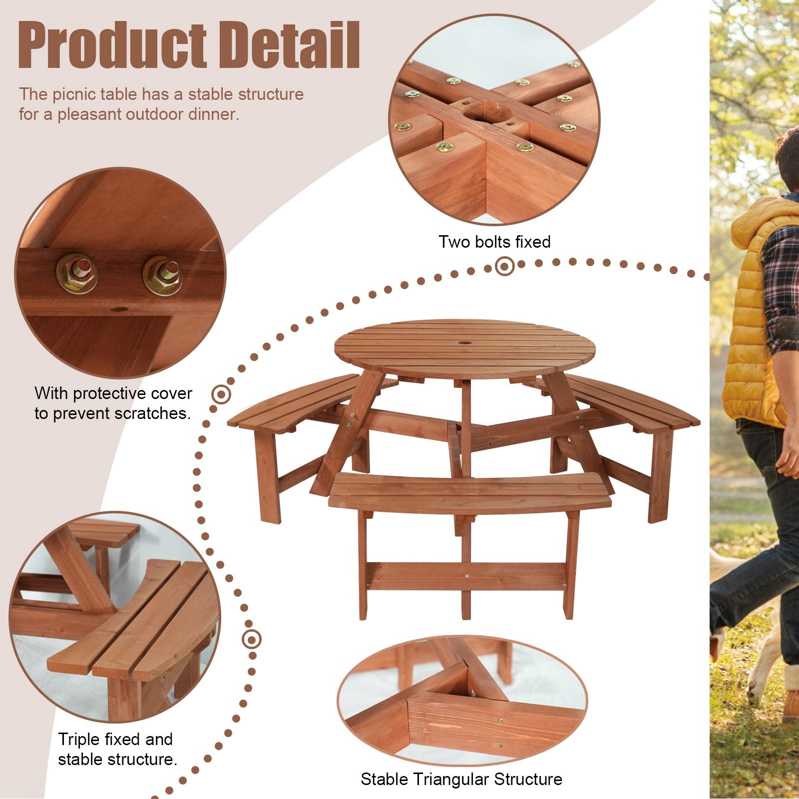 BIRCHTREE Picnic Round Table 6 Seats Brown