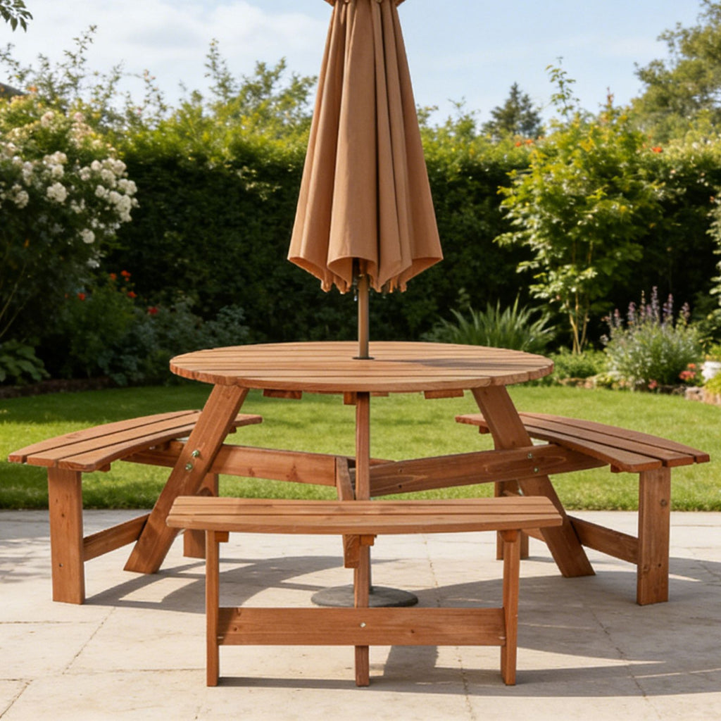 BIRCHTREE Picnic Round Table 6 Seats Brown