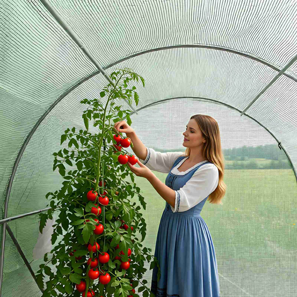 image of woman in a small greenhouse planting a tomato. 
