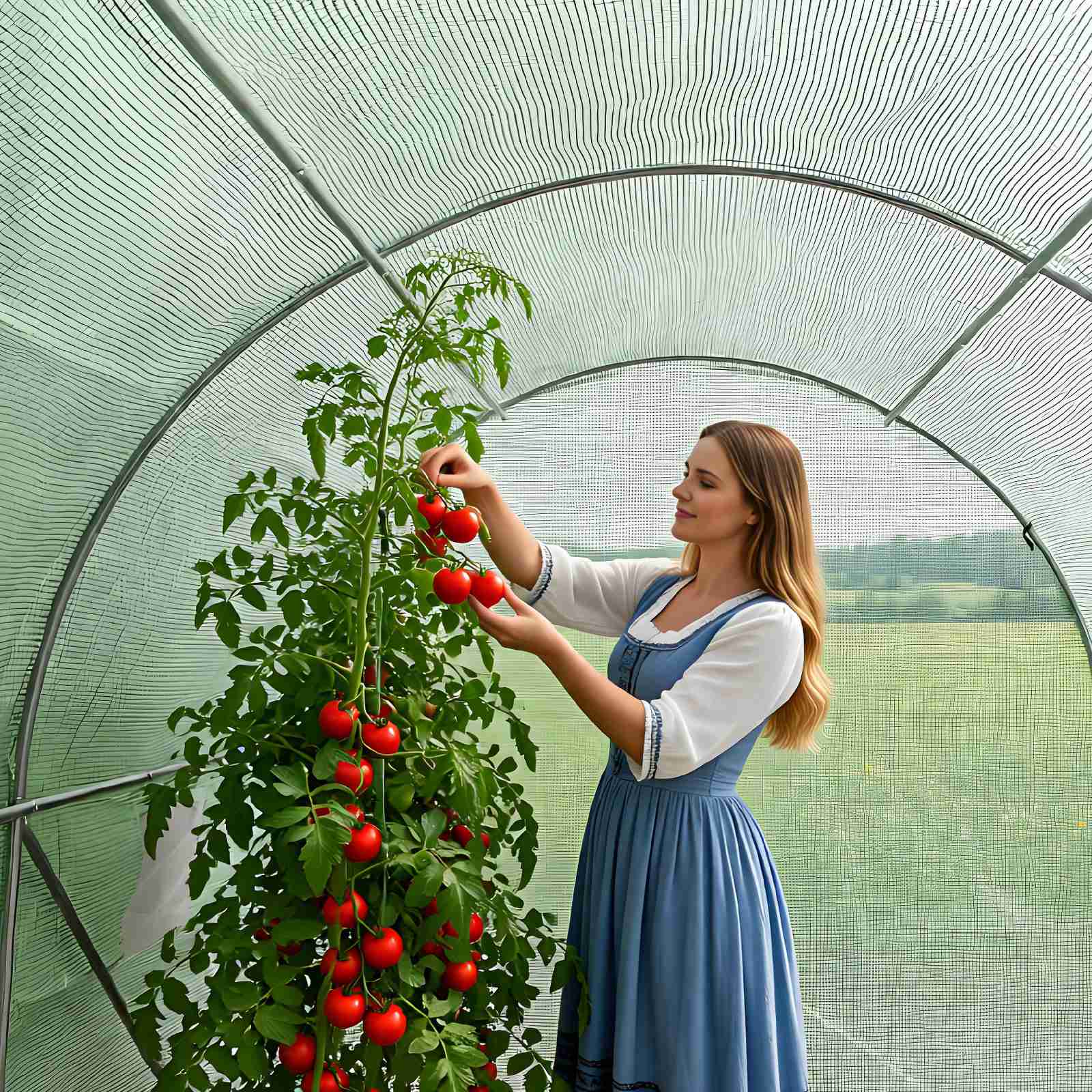 image of woman in a small greenhouse planting a tomato. 