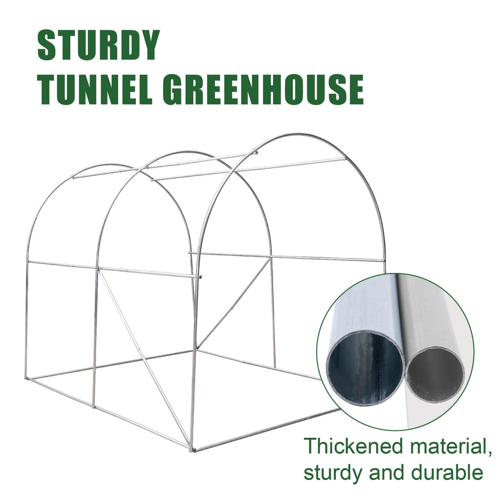 image of small greenhouse frame with text stating 'thickened material, sturdy and durable'.
