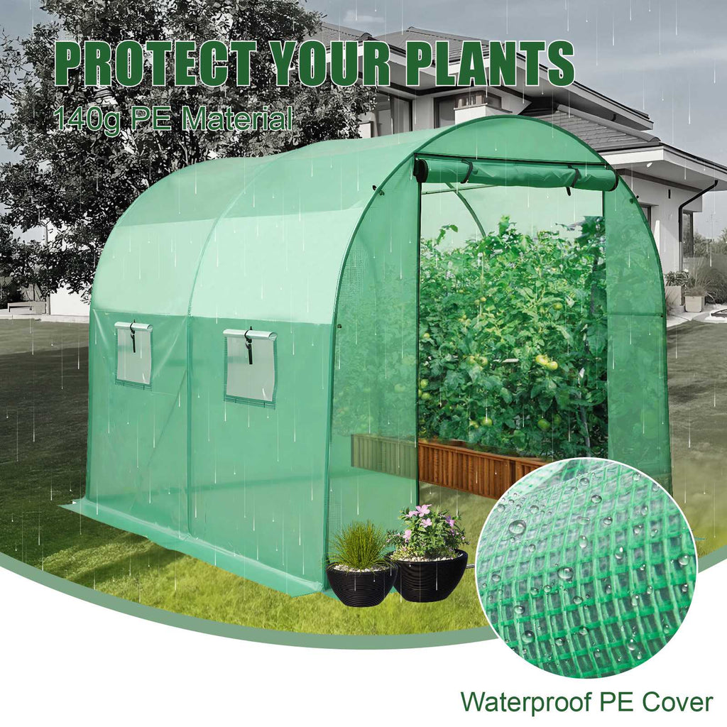 small greenhouse with two sections showing greenhouse in rainy weather with text saying 'waterproof PE cover'