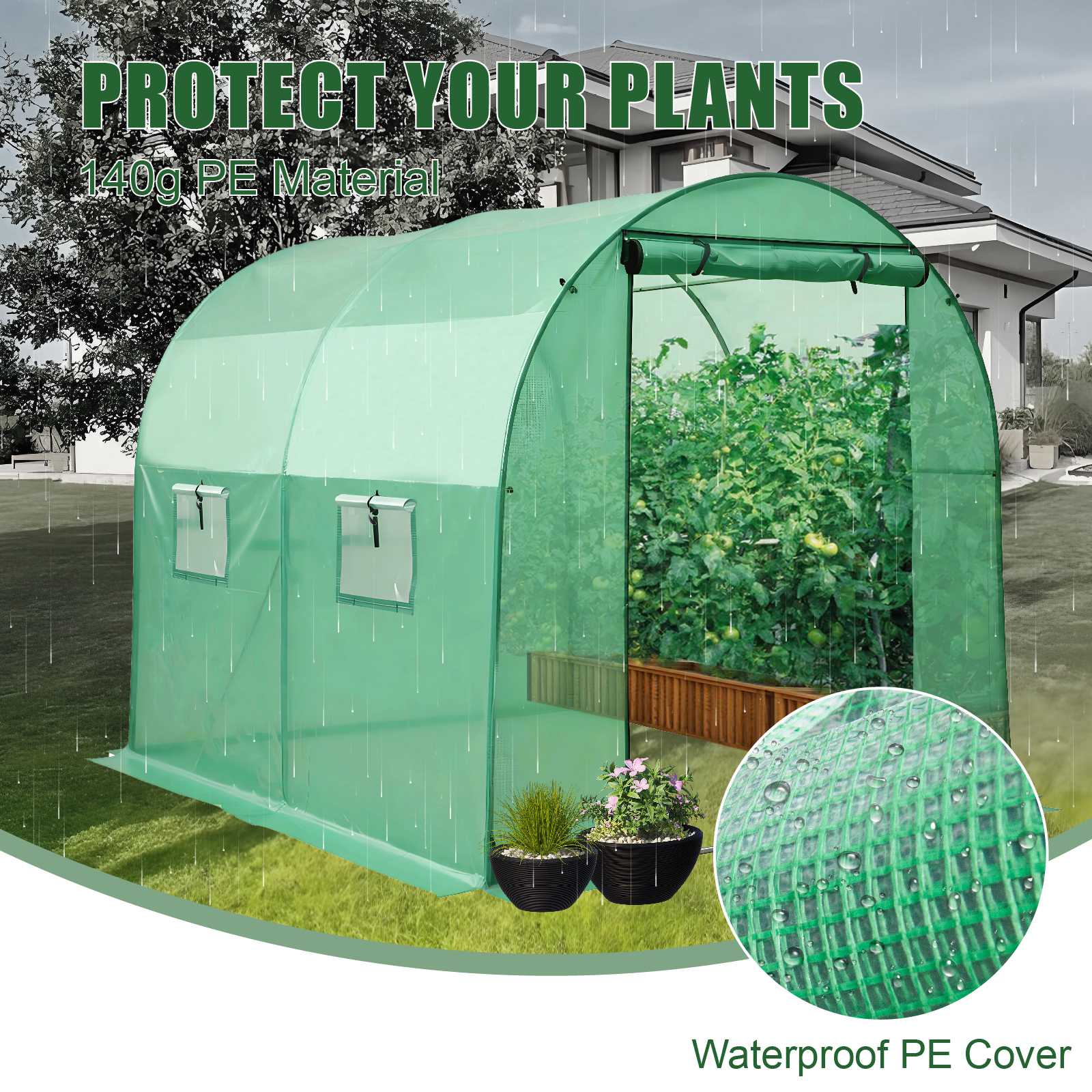 small greenhouse with two sections showing greenhouse in rainy weather with text saying 'waterproof PE cover'