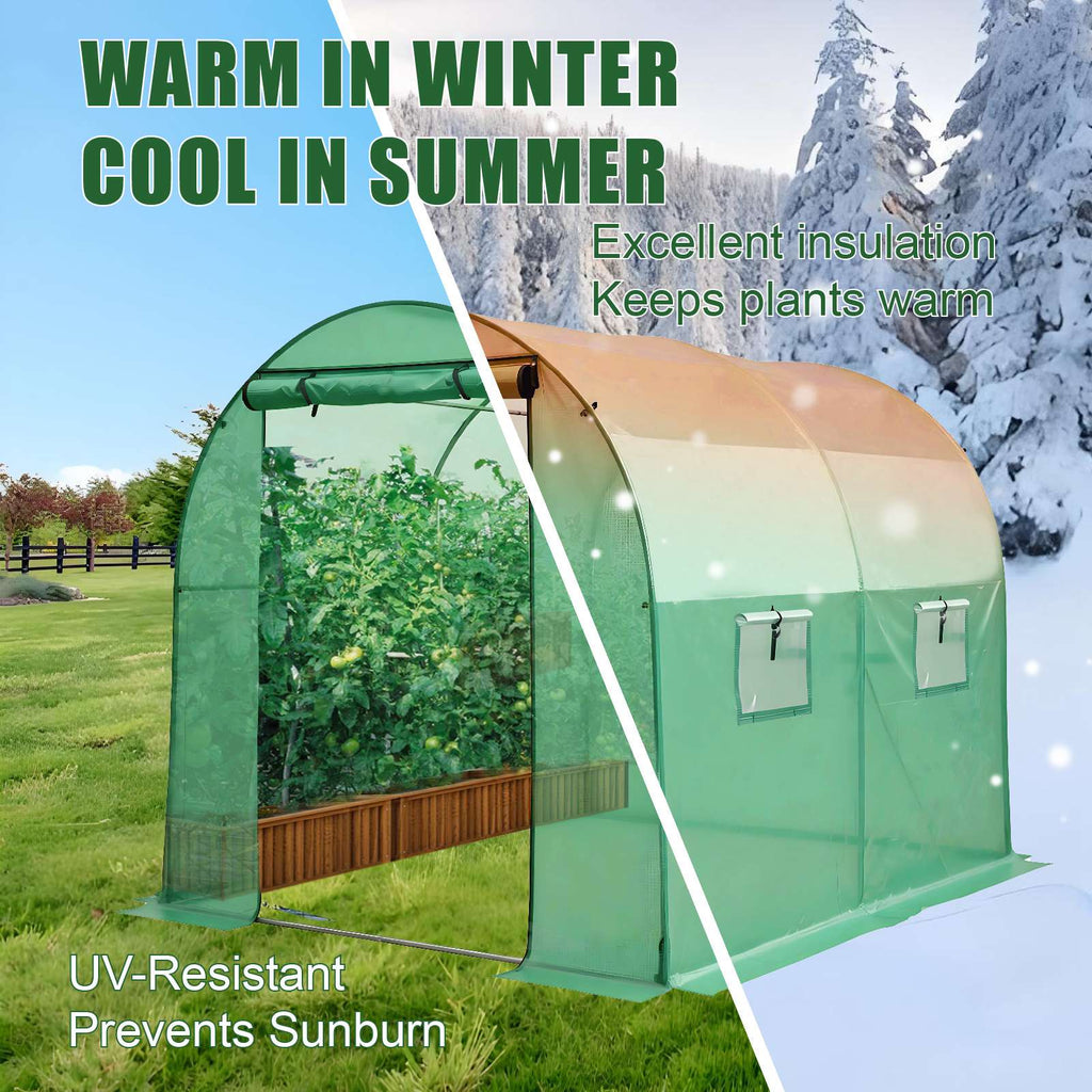 Small greenhouse with 2 section with 2 weather styles, warm and snow, with text saying 'warm in winter, cool in summer'