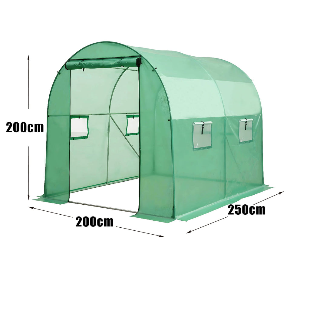 Small greenhouse with two sections and dimensions labelled on a white background.