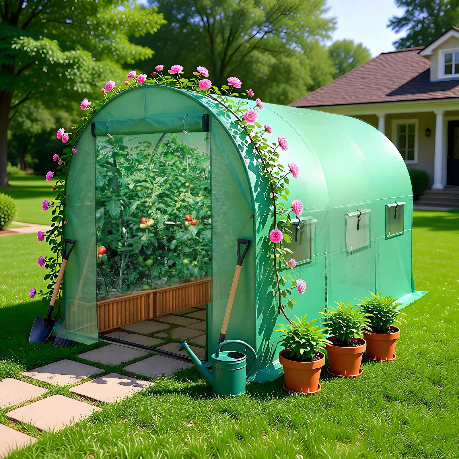 Green walk-in greenhouse with plants and gardening tools on a sunny day