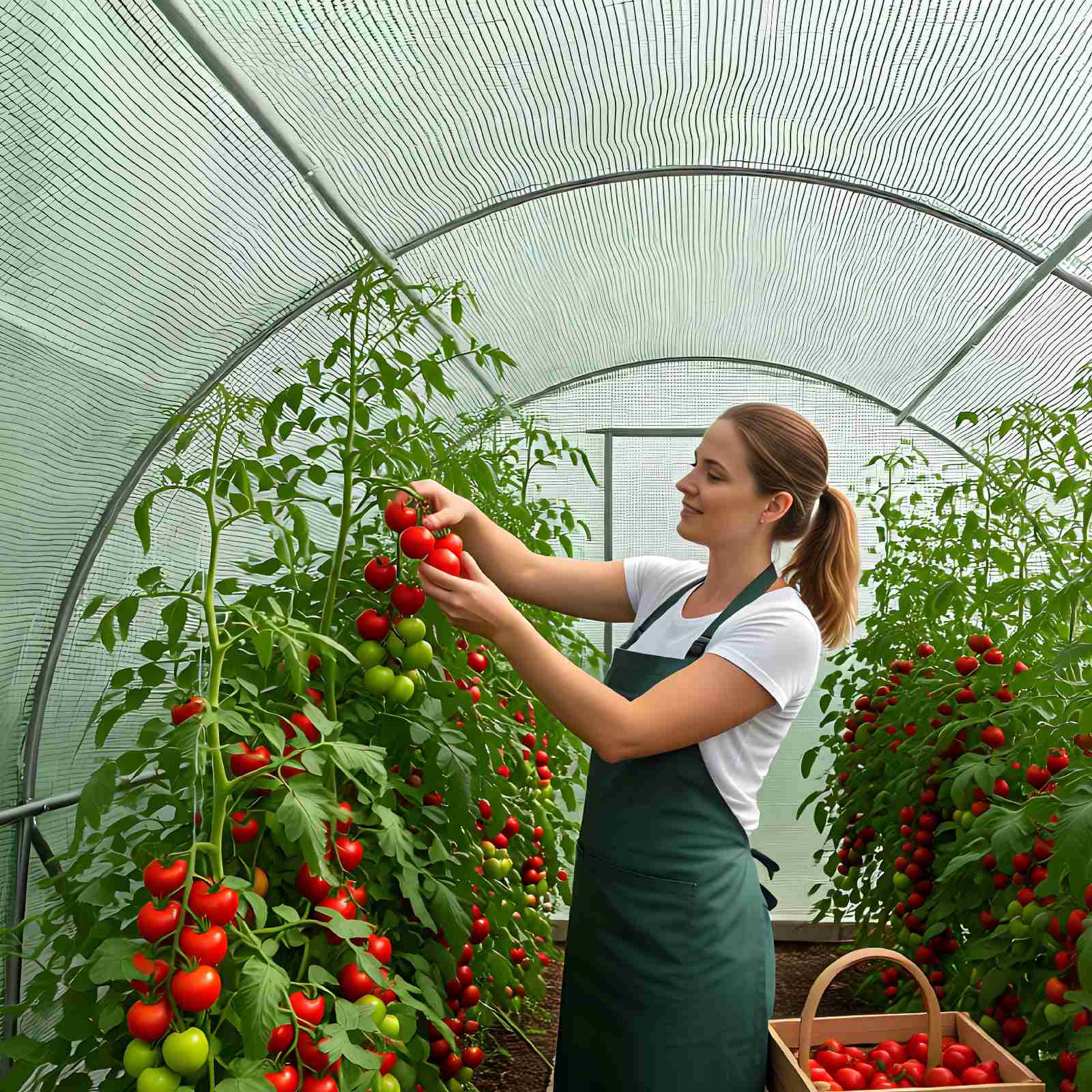 Woman picking tomatoes in a walk-in greenhouse