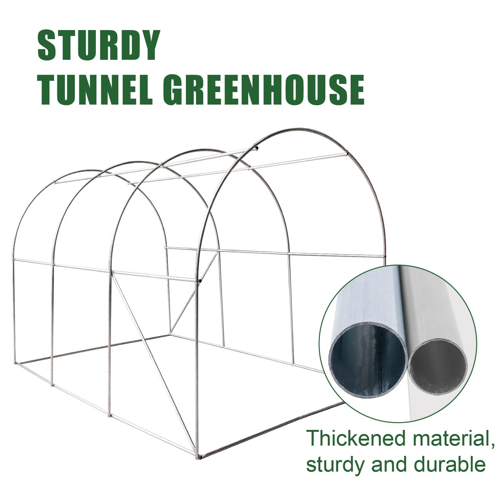 Sturdy tunnel walk-in greenhouse with thickened material feature on a white background