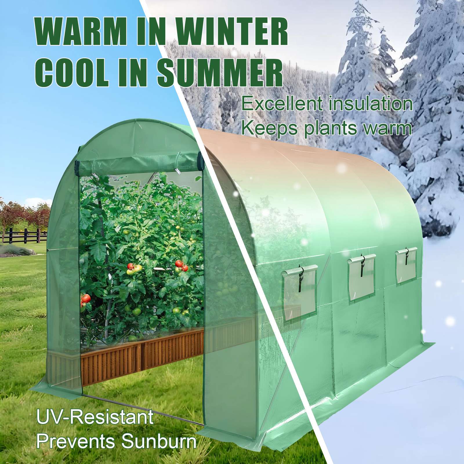 Green walk-in greenhouse with plants inside, shown in winter and summer settings, highlighting insulation and UV resistance.