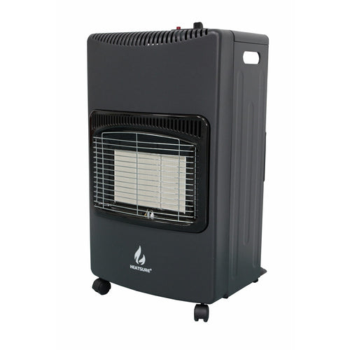 Black portable gas heater with visible brand logo on a white background