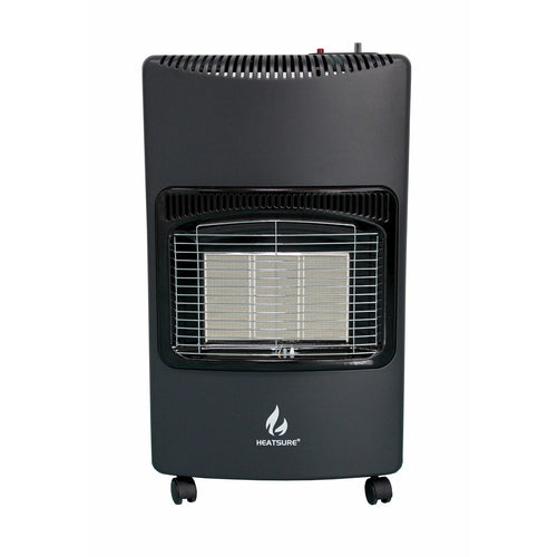 Black portable gas heater with 'Heatsure' branding on a white background
