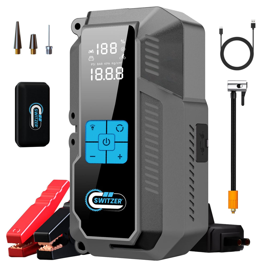 Switzer portable jump starter with accessories on a white background