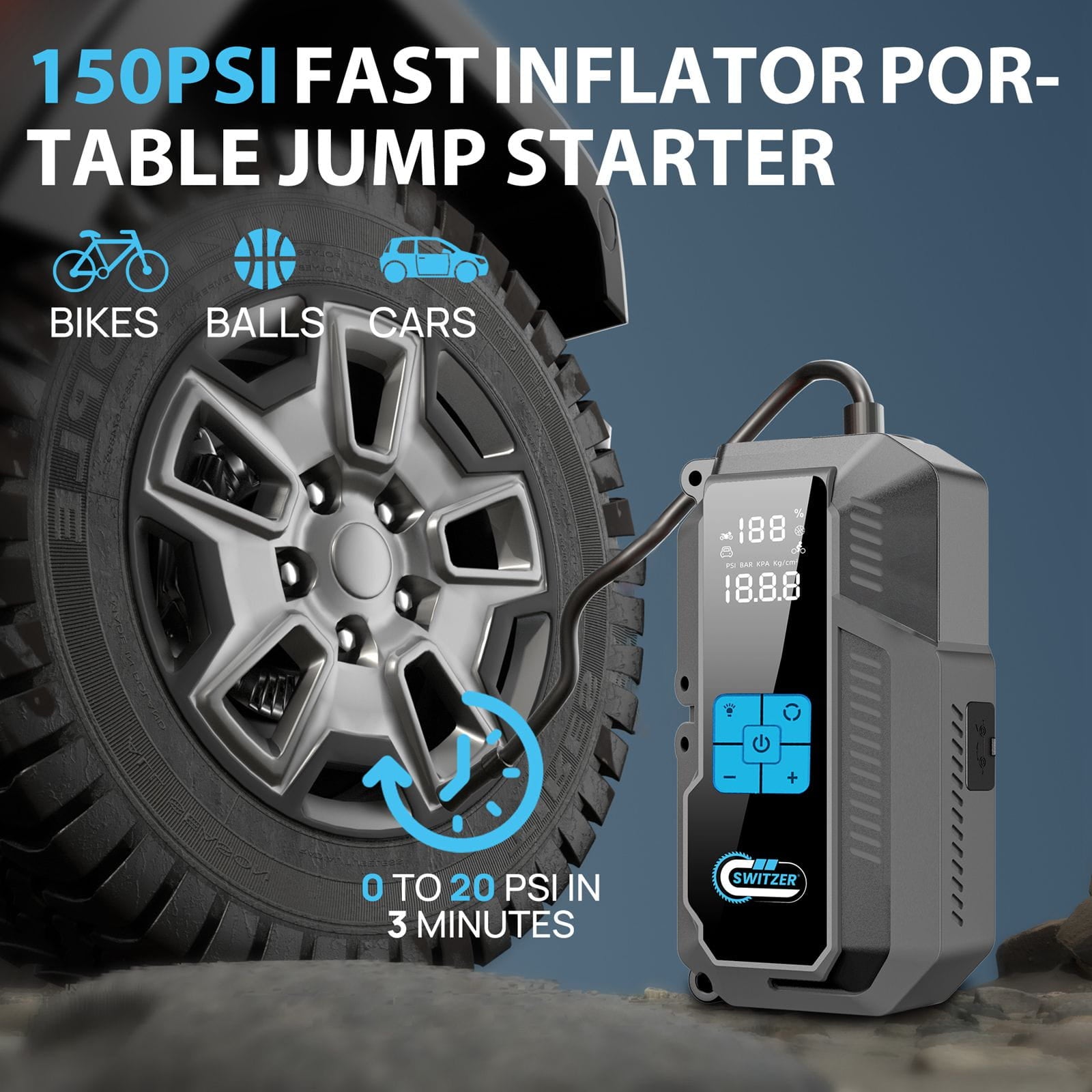 Portable jump starter with tire and inflator features on a blue background