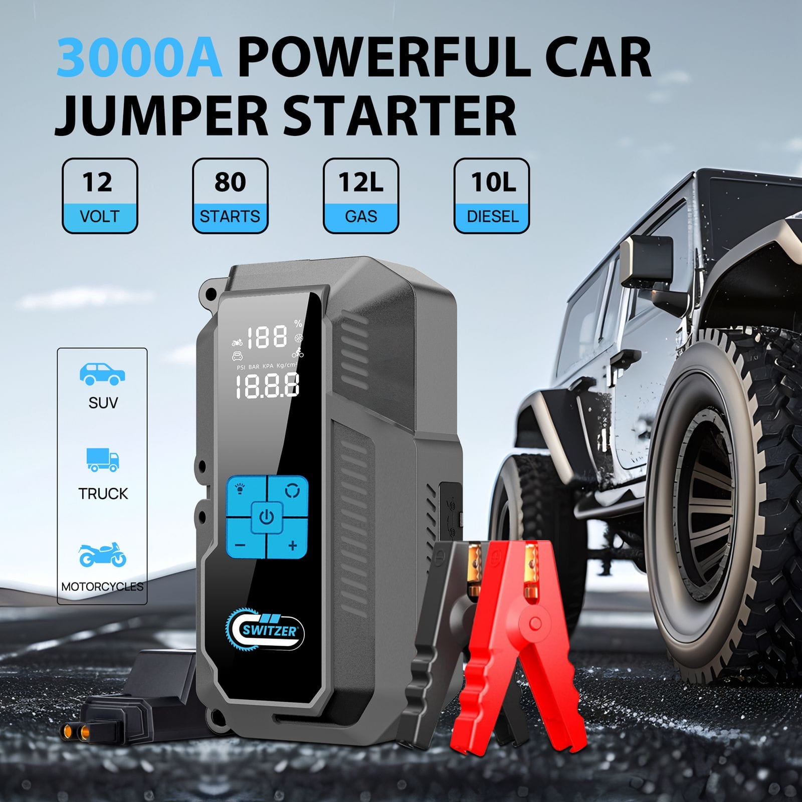 3000A Powerful portable Jumper Starter with display and clamps, shown with a vehicle in the background.