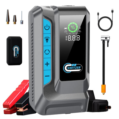 Switzer portabler jump starter with battery charger with display and accessories on a white background