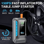 Portable jump starter with tire inflator功能, displayed with a car tire in the background.
