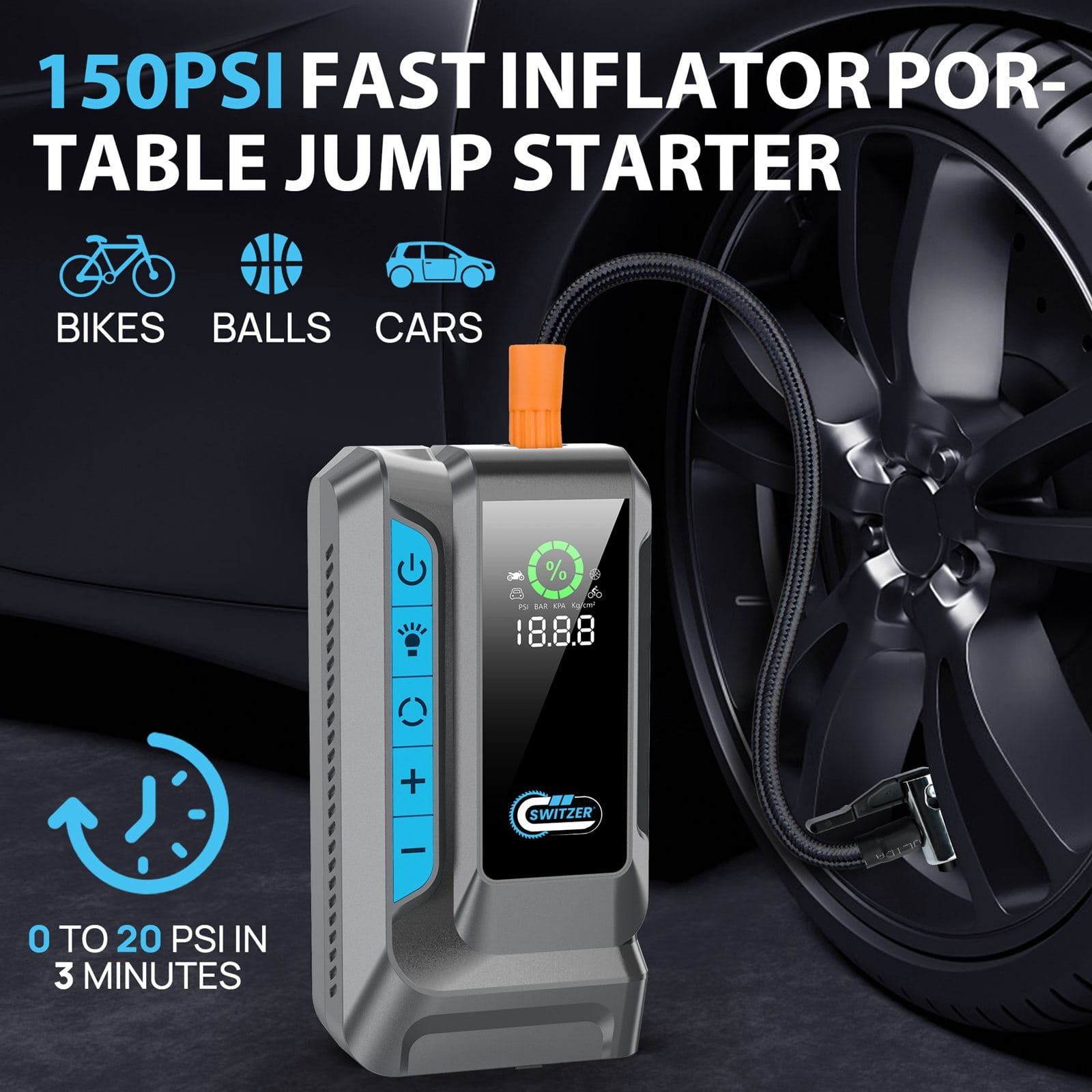 Portable jump starter with tire inflator功能, displayed with a car tire in the background.