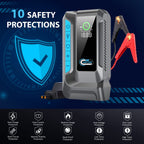Portable jump starter and car battery charger with safety features on a blue background