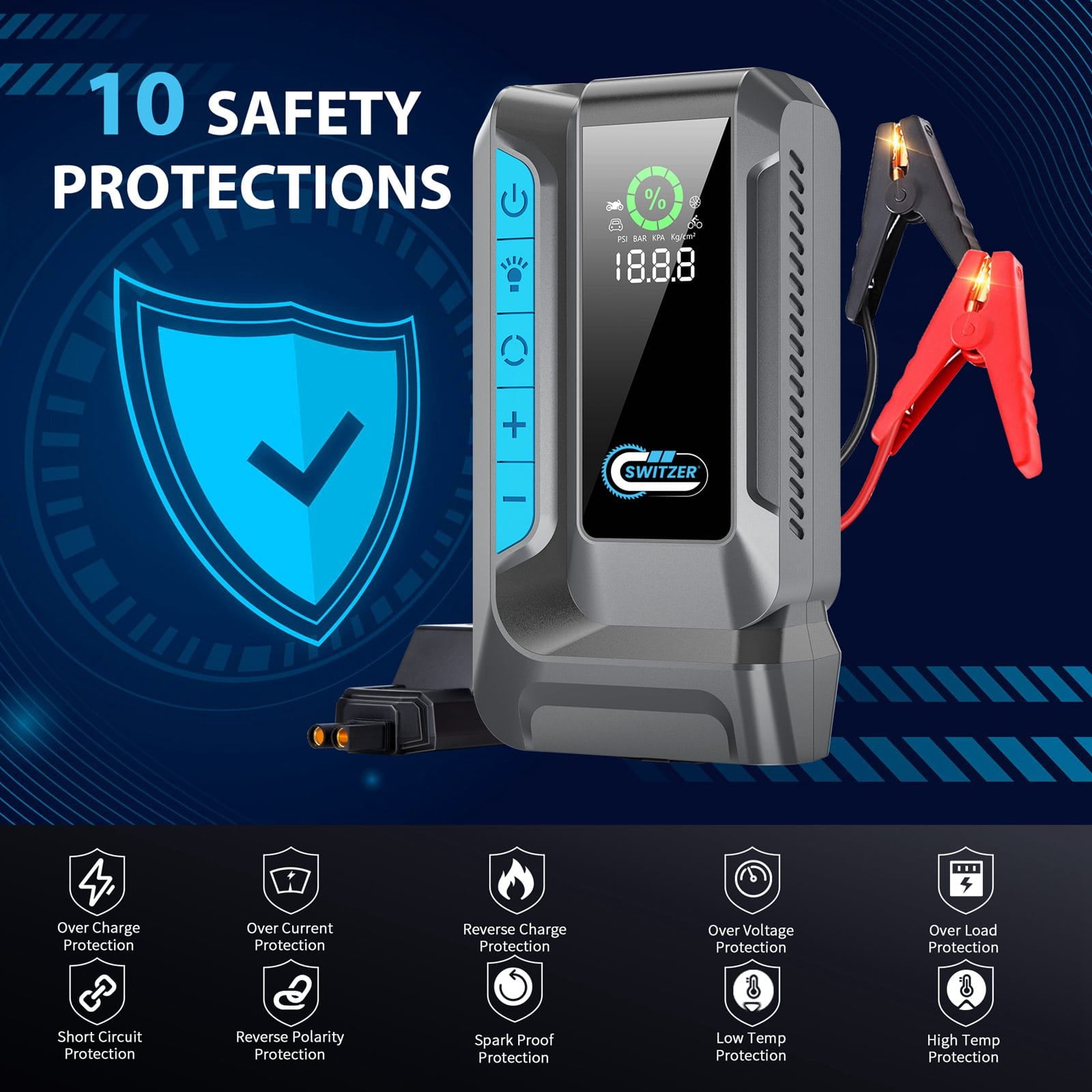 Portable jump starter and car battery charger with safety features on a blue background