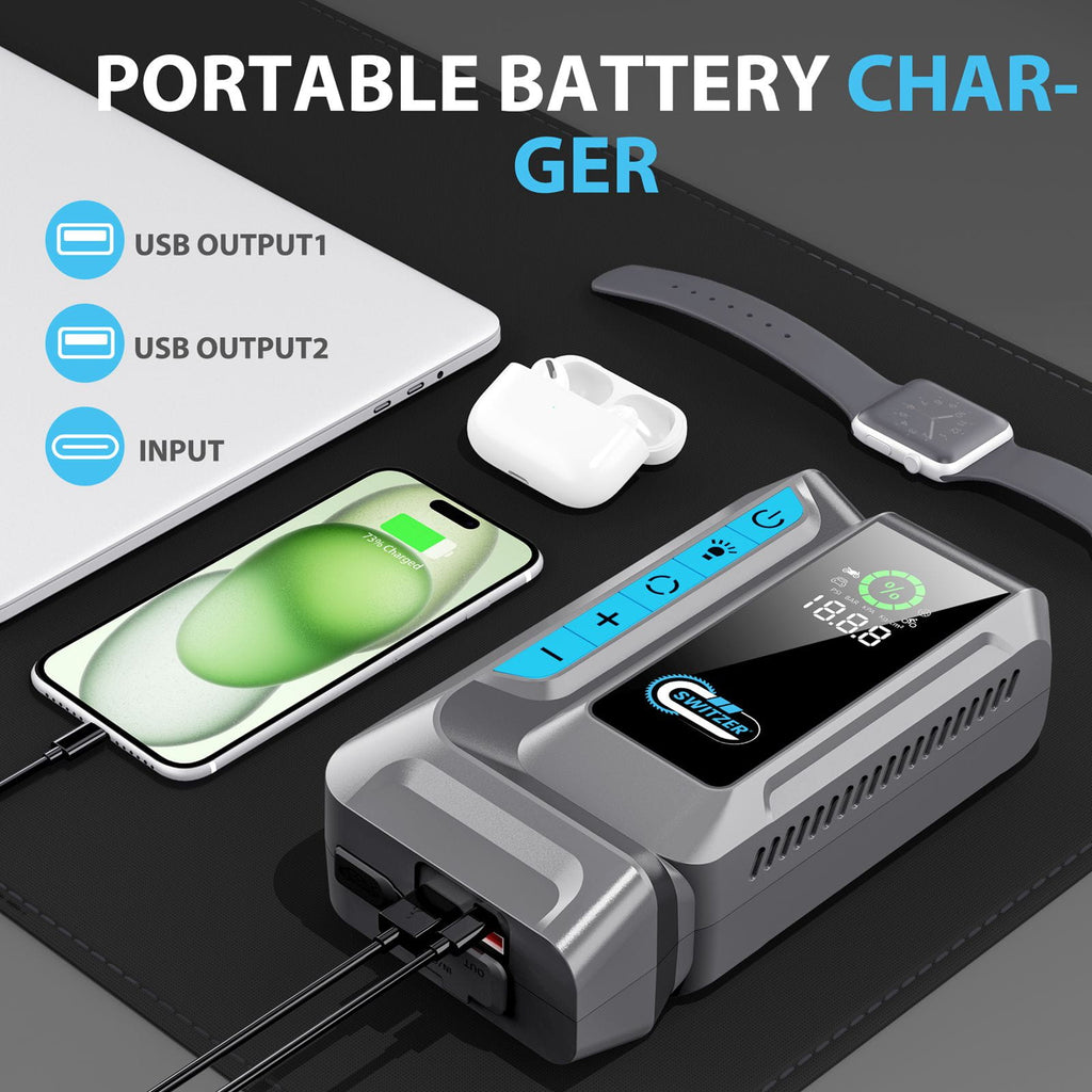 Portable jump starter and battery charger with smartphone, watch, and earbuds on a dark surface