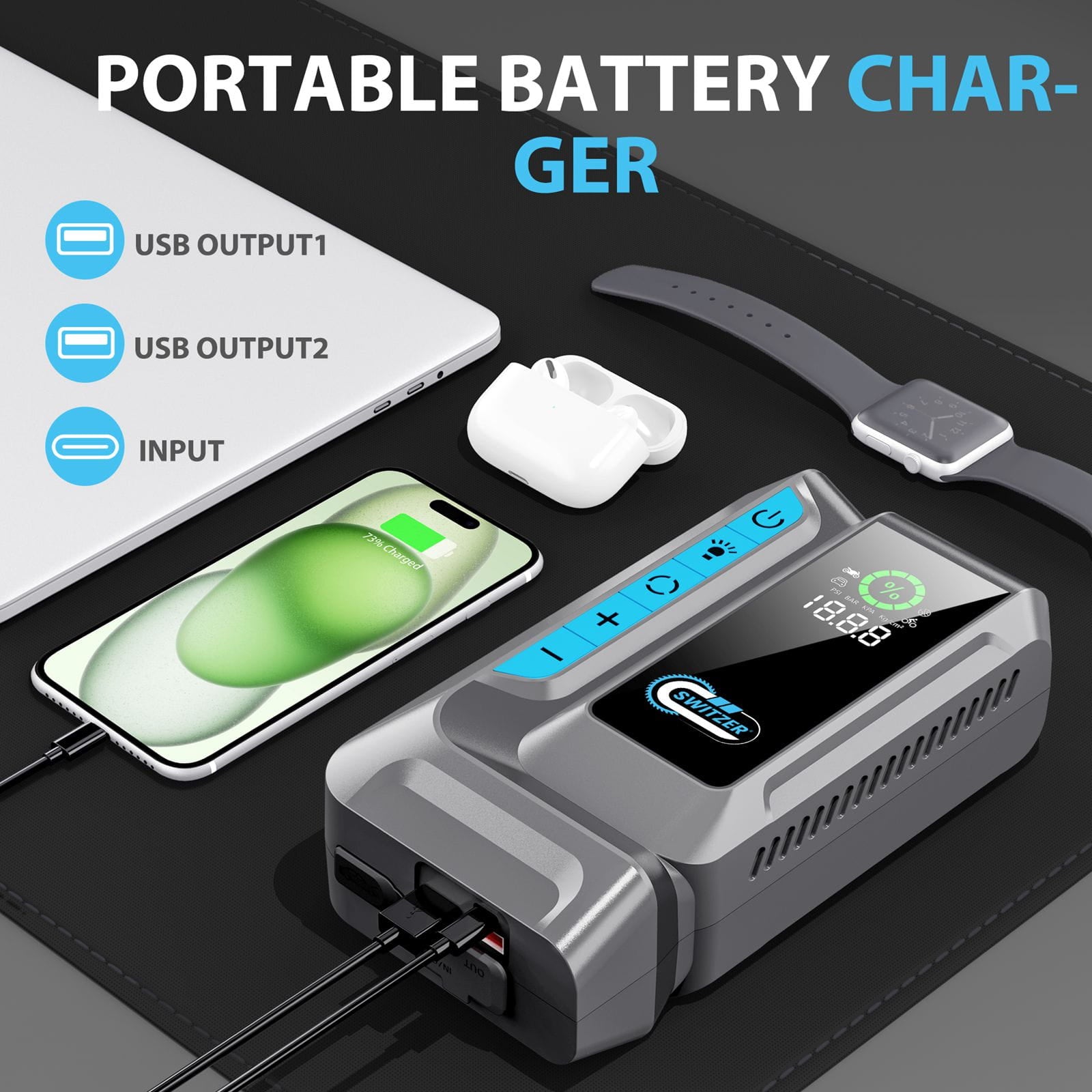Portable jump starter and battery charger with smartphone, watch, and earbuds on a dark surface