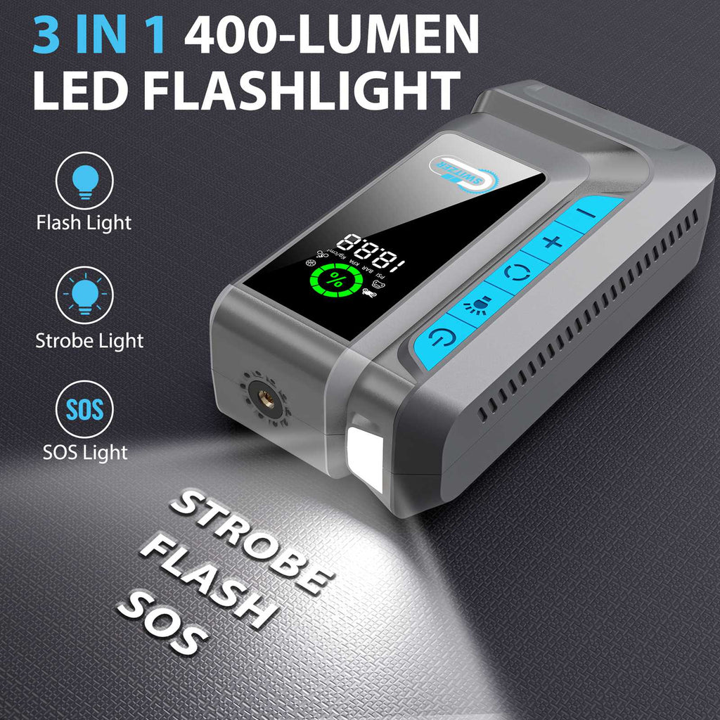 3-in-1 portable jump starter with 400-lumen LED flashlight with display on a dark background
