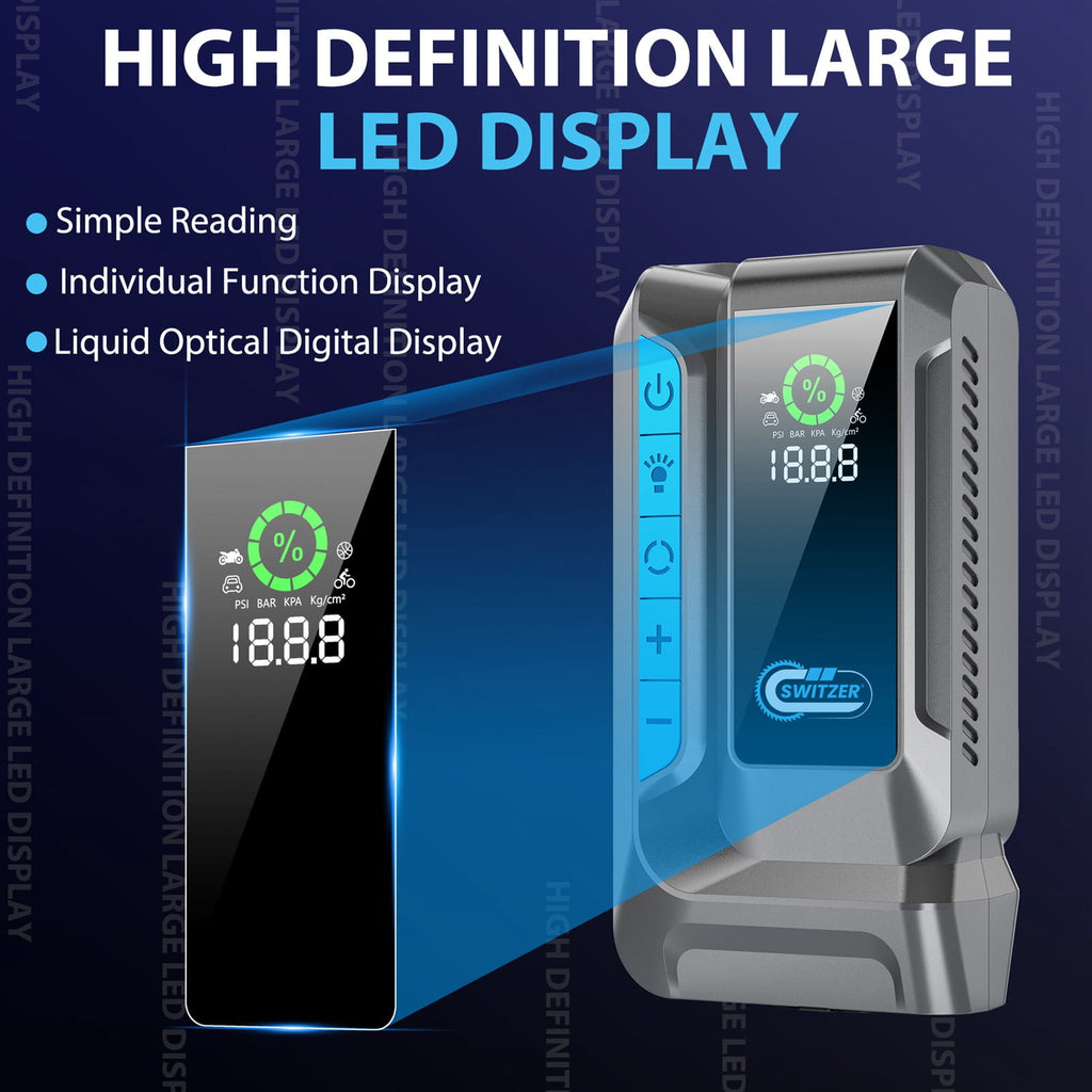High definition large LED display of a portable jump starter with Switzer branding on a blue background