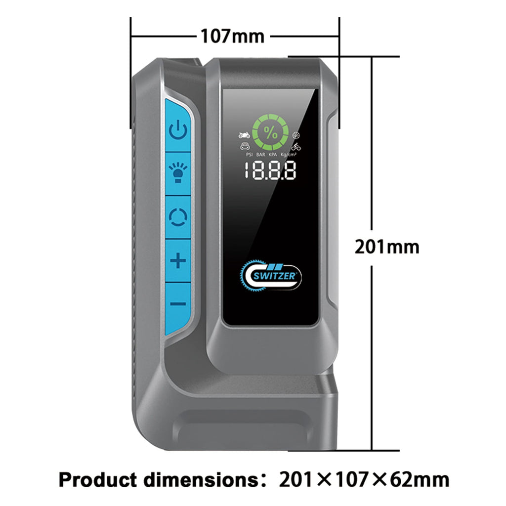Portable jump starter with digital display and dimensions labeled