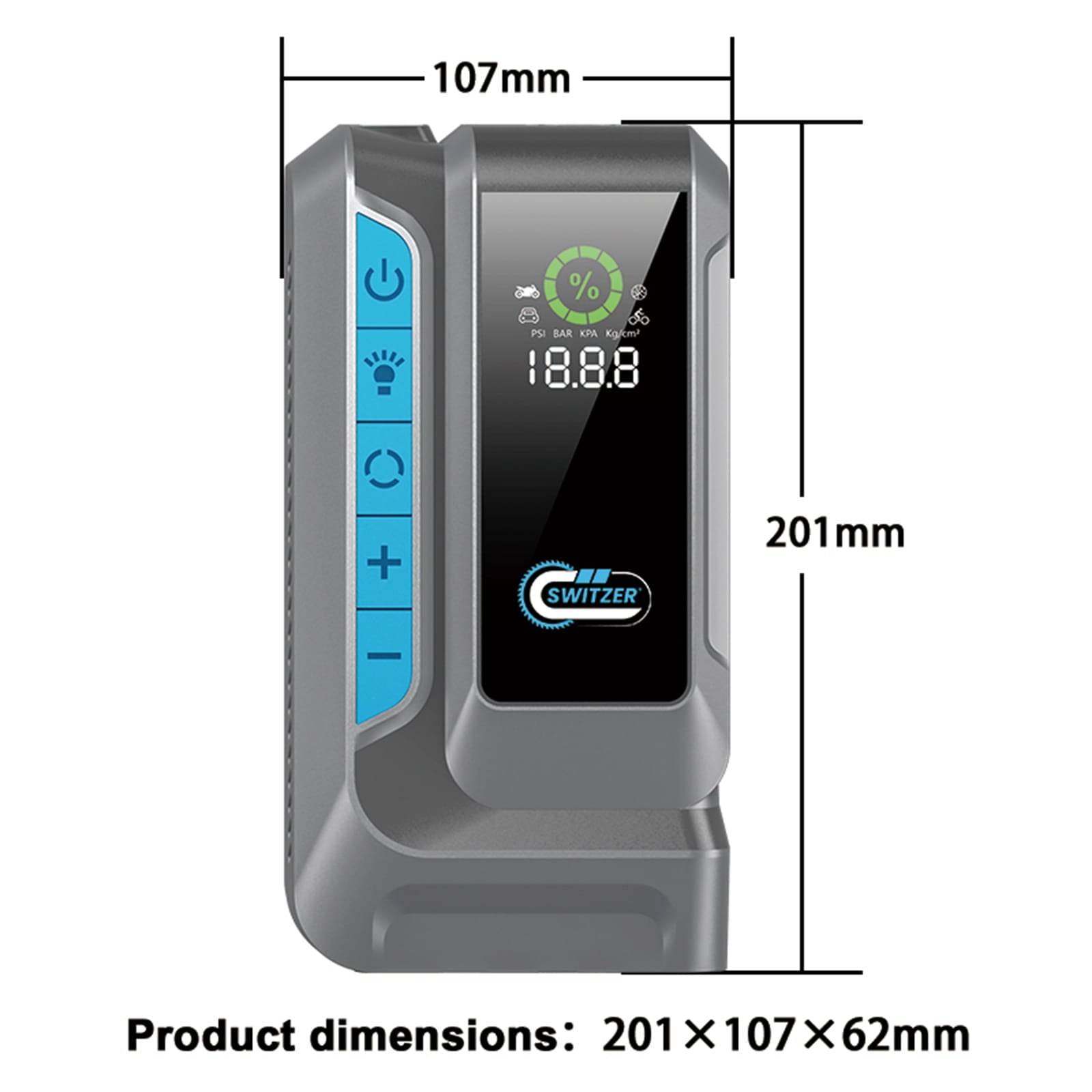 Portable jump starter with digital display and dimensions labeled