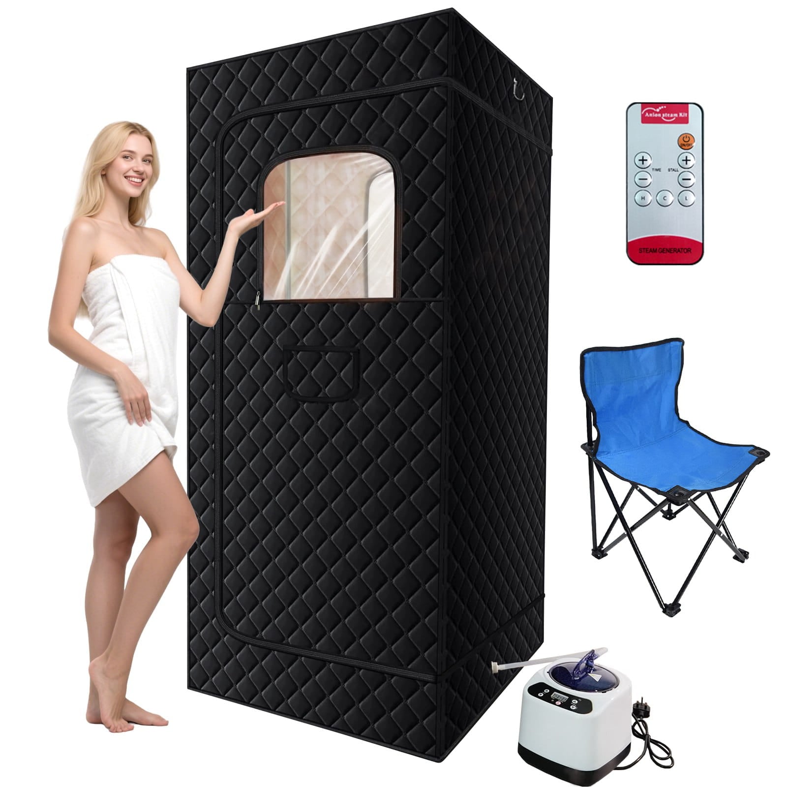 Black portable sauna with a woman, remote control, blue chair, and white device on a white background