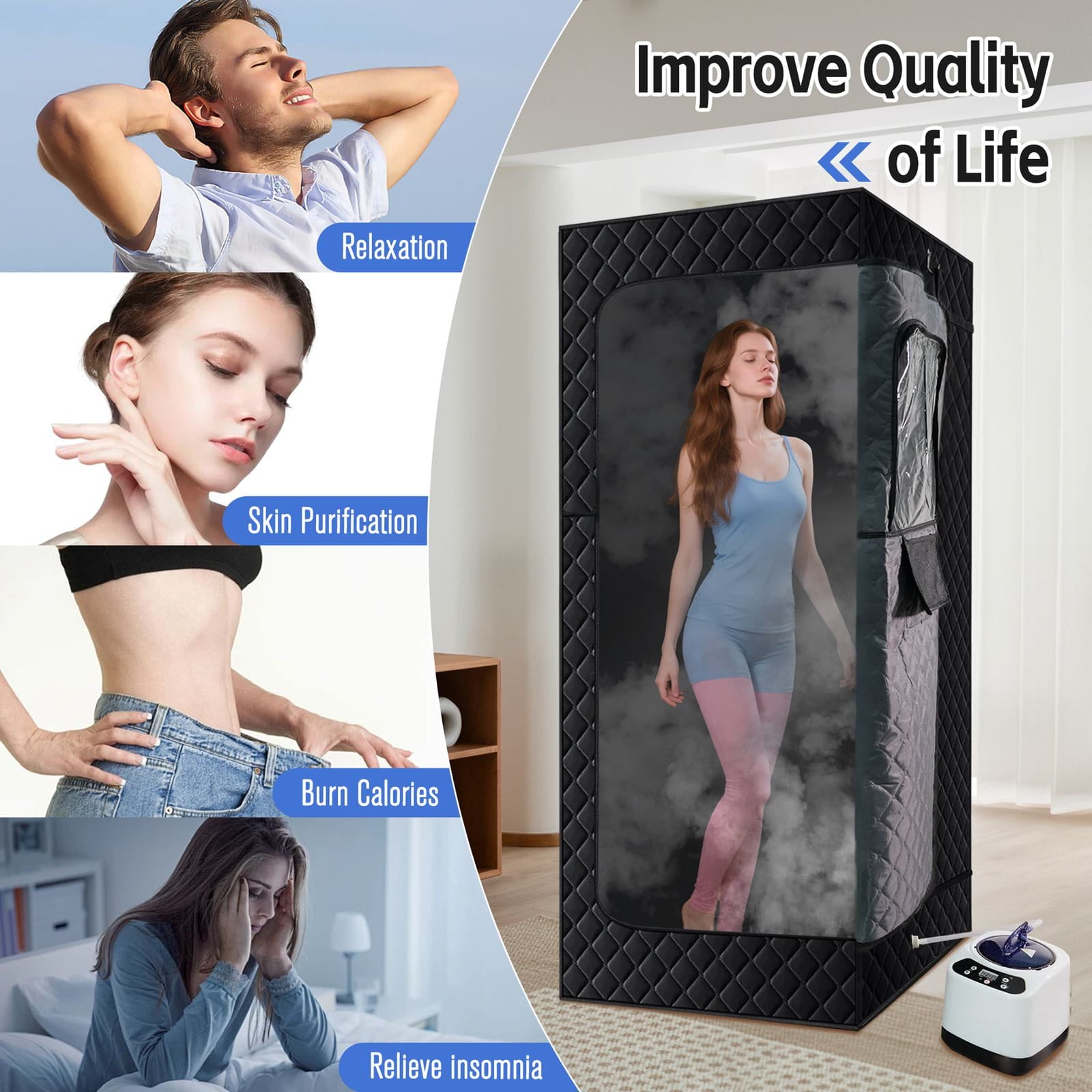 Portable sauna with text on benefits and a person using it.