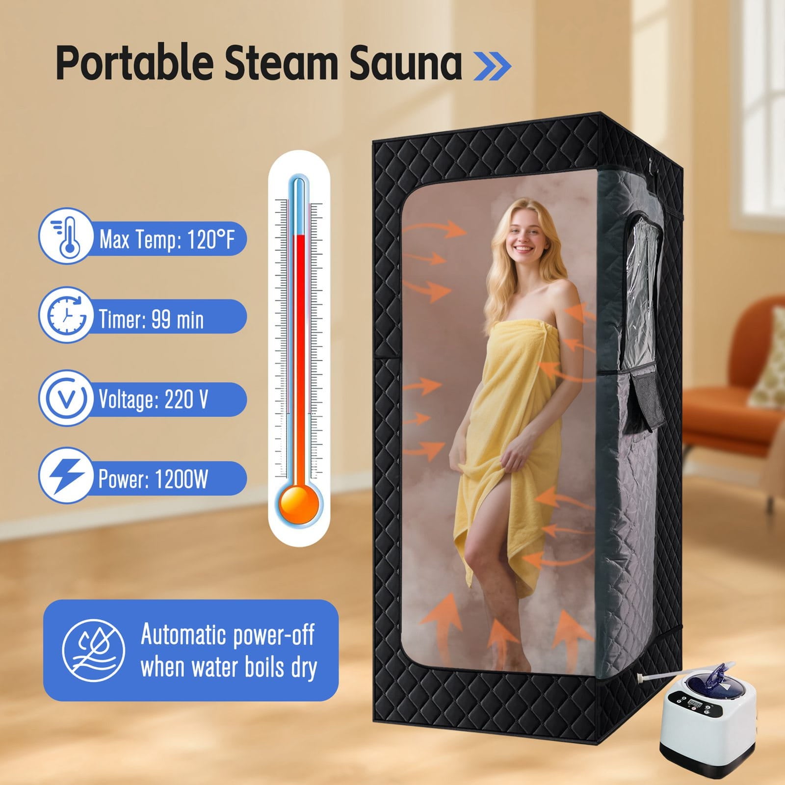 Portable sauna with specifications and a woman wrapped in a towel inside.