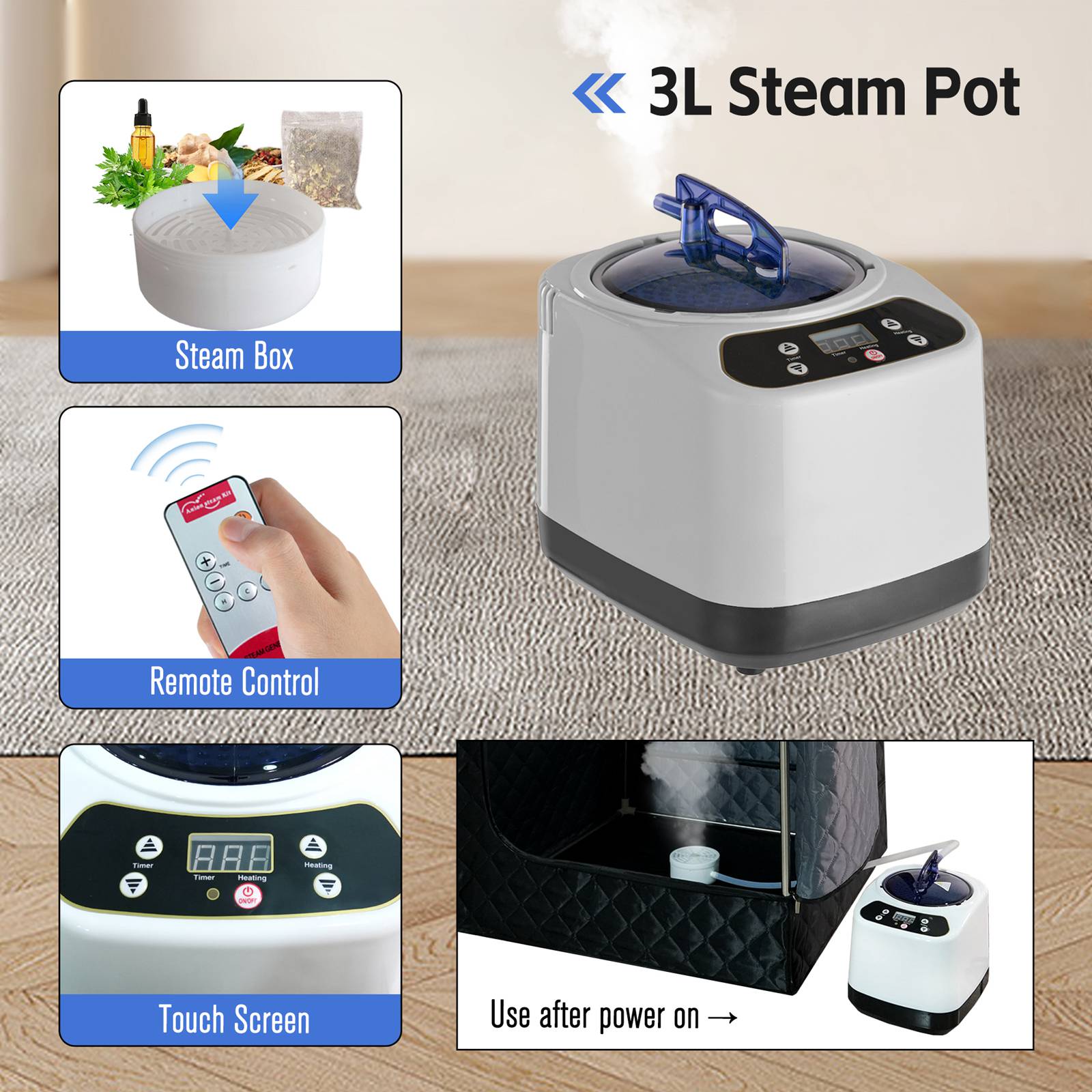portable sauna 3L Steam Pot with features like steam box, remote control, touch screen, and use after power on displayed.