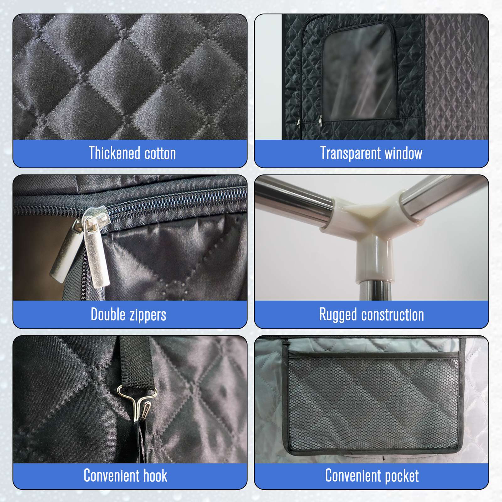 Collage of features of a black portable sauna with text labels on a grey background