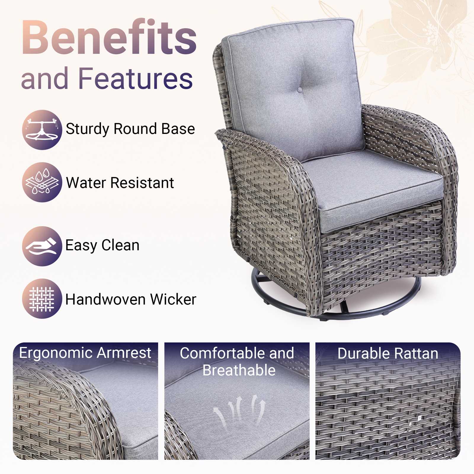 BIRCHTREE 3 Piece Rattan Armchair Table Set Grey