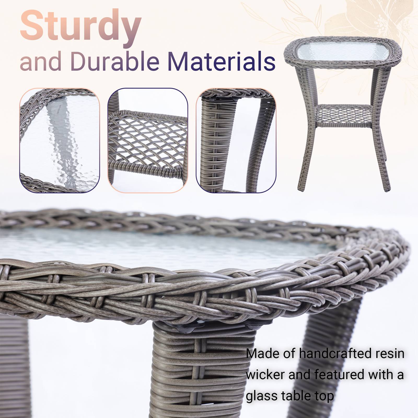 BIRCHTREE 3 Piece Rattan Armchair Table Set Grey